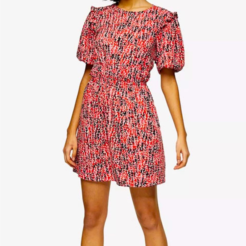 TopShop Red Floral Dress Open Back Abstract Geometric Print Short Sleeve E-waist